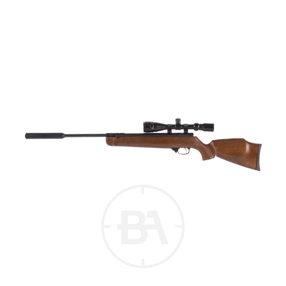 Weihrauch HW90 K Gas Ram Air Rifle With Silencer 3 A side view of a Weihrauch HW90 K Karbine Gas Ram Air Rifle with a mounted scope and suppressor, isolated on a white background.