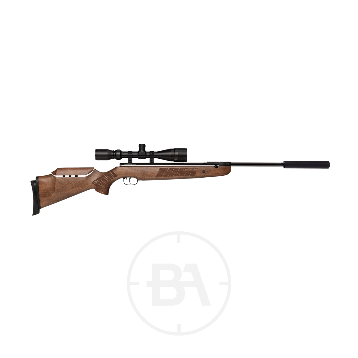 Weihrauch HW95 S Spring Air Rifle With Silencer 1 The Weihrauch HW95 S Spring Air Rifle With Silencer is shown with a mounted telescopic sight on a white background.