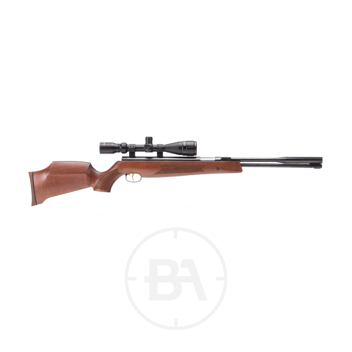 Weihrauch HW97 K Spring Air Rifle 1 Side view of a Weihrauch HW97 K spring air rifle in .177 caliber with a mounted scope, displayed against a plain white background.