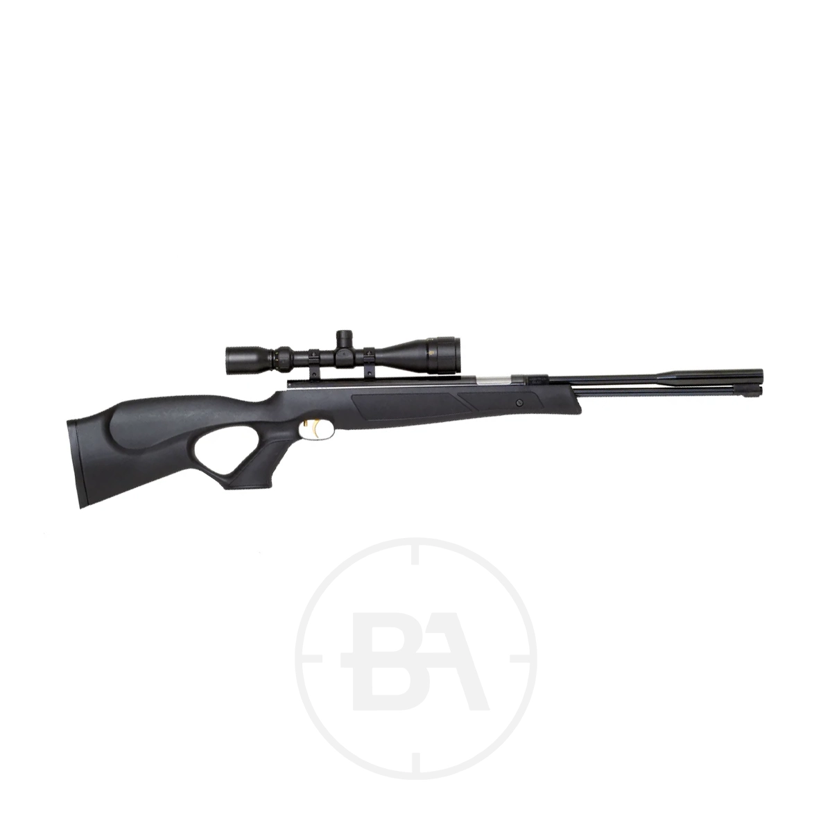 Weihrauch HW97 KT Spring Air Rifle 1 Black Weihrauch HW97 KT spring air rifle in .177 caliber, featuring a thumbhole stock and mounted scope, displayed in profile on a white background.