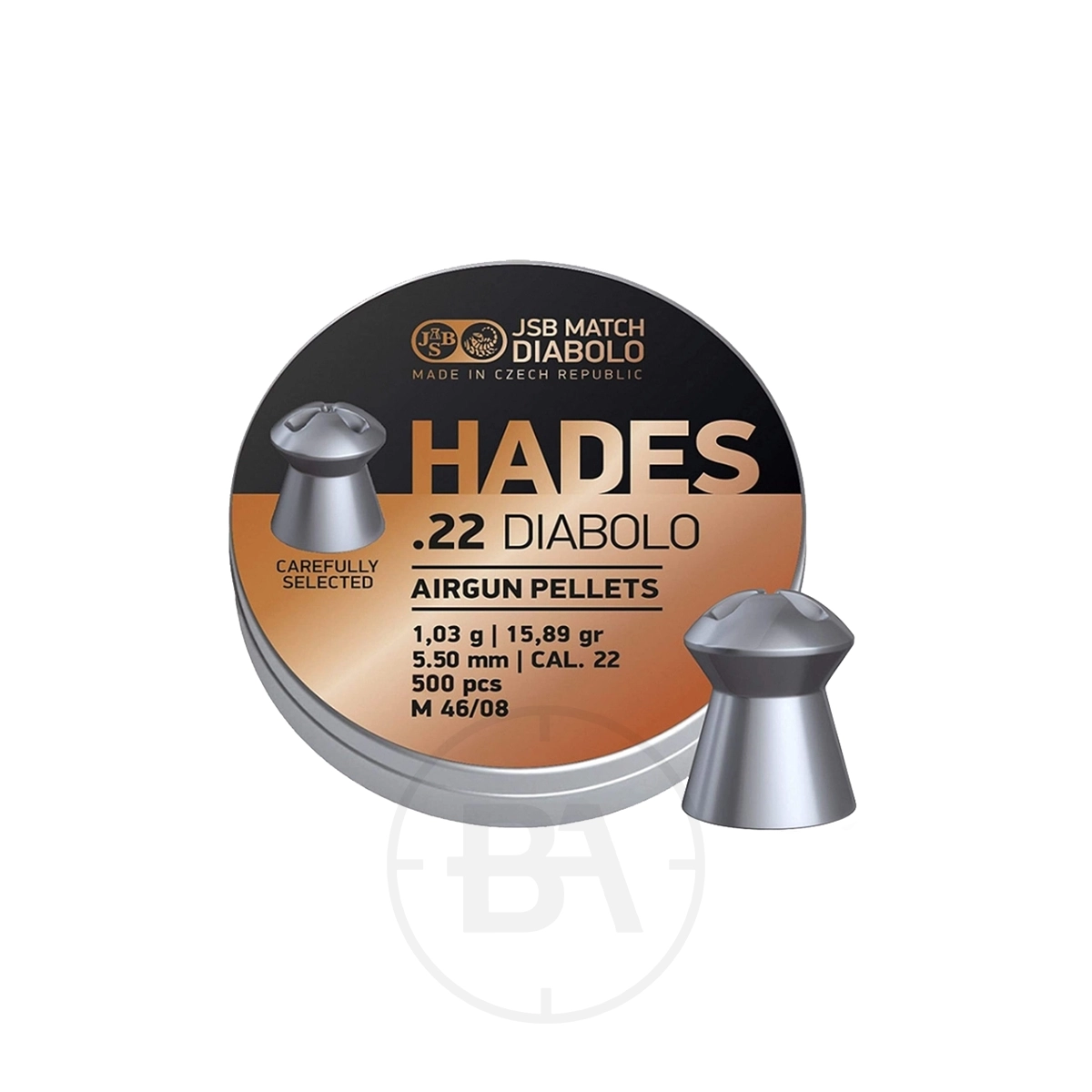 JSB Hades Diabolo .22 Pellet 15.89gr (x500) 1 A tin of JSB Hades Diabolo .22 pellets, 15.89 gr (500), is shown with a pellet image beside the tin.
