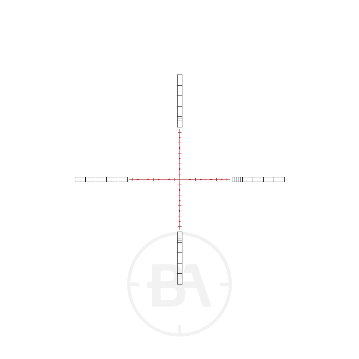 Hawke Vantage 30 WA 6-24x50 Half Mil Dot IR FFP Rifle Scope 2 Minimalist graphic with a black cross of small boxes and red dashed line, plus a faint grey "BA" circle—evoking the reticle style of the Hawke Vantage 30 WA 6-24x50 Half Mil Dot IR FFP Rifle Scope.