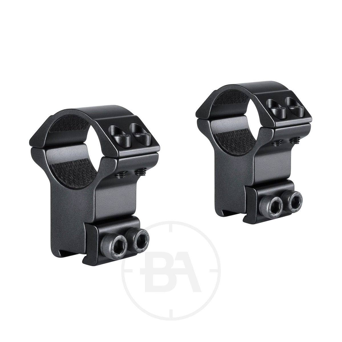 Hawke Dovetail Scope Mounts 1 Two black metal Hawke Dovetail Scope Mounts with dual screws on the base, designed for securing a scope to a firearm.