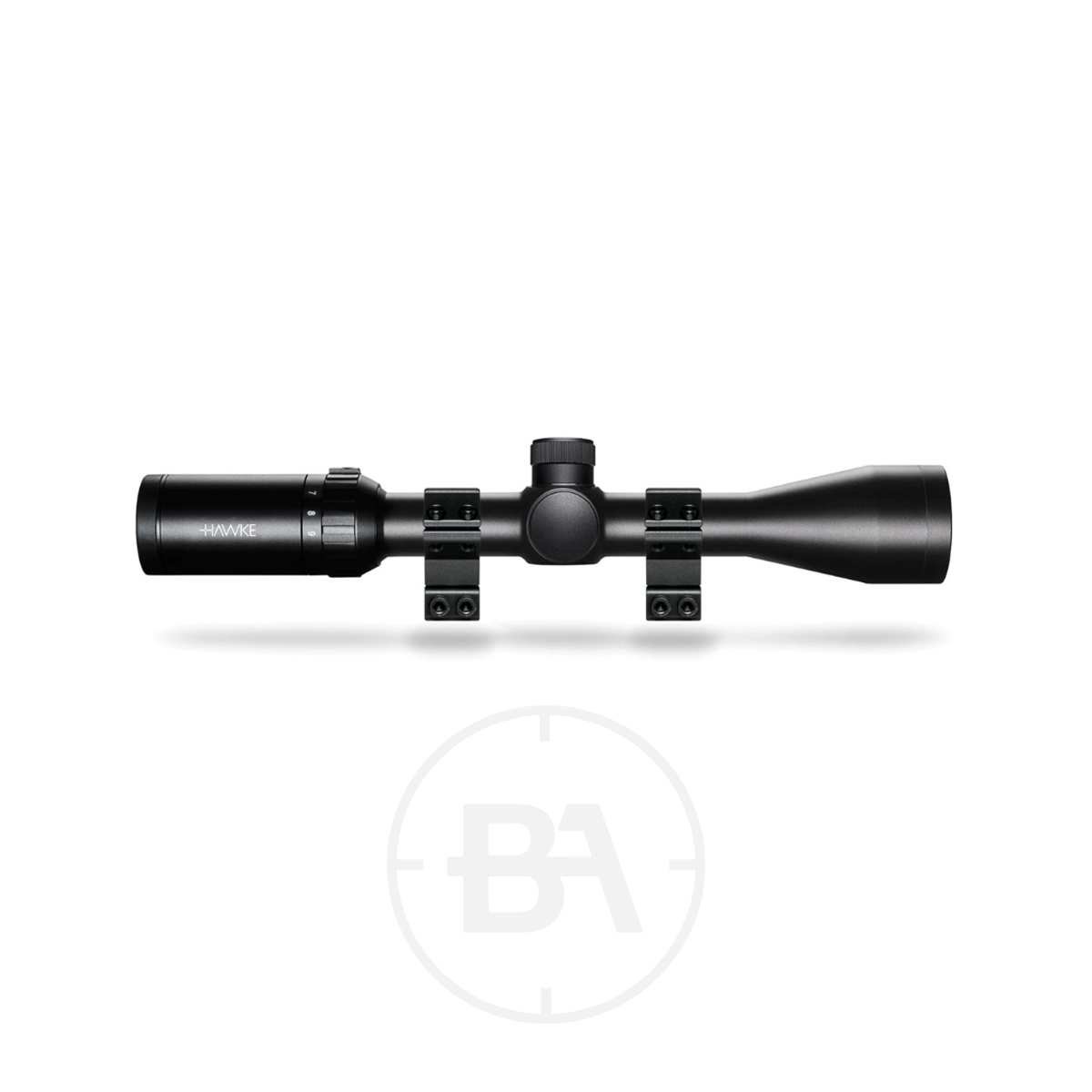 Hawke Fast Mount 3-9 x40 Mil Dot With Mounts 1 The Hawke Fast Mount 3-9x40 Mil Dot With Mounts rifle scope in black, featuring Mil Dot reticle, adjustment knobs, and mounts, is shown from the side against a plain white background.
