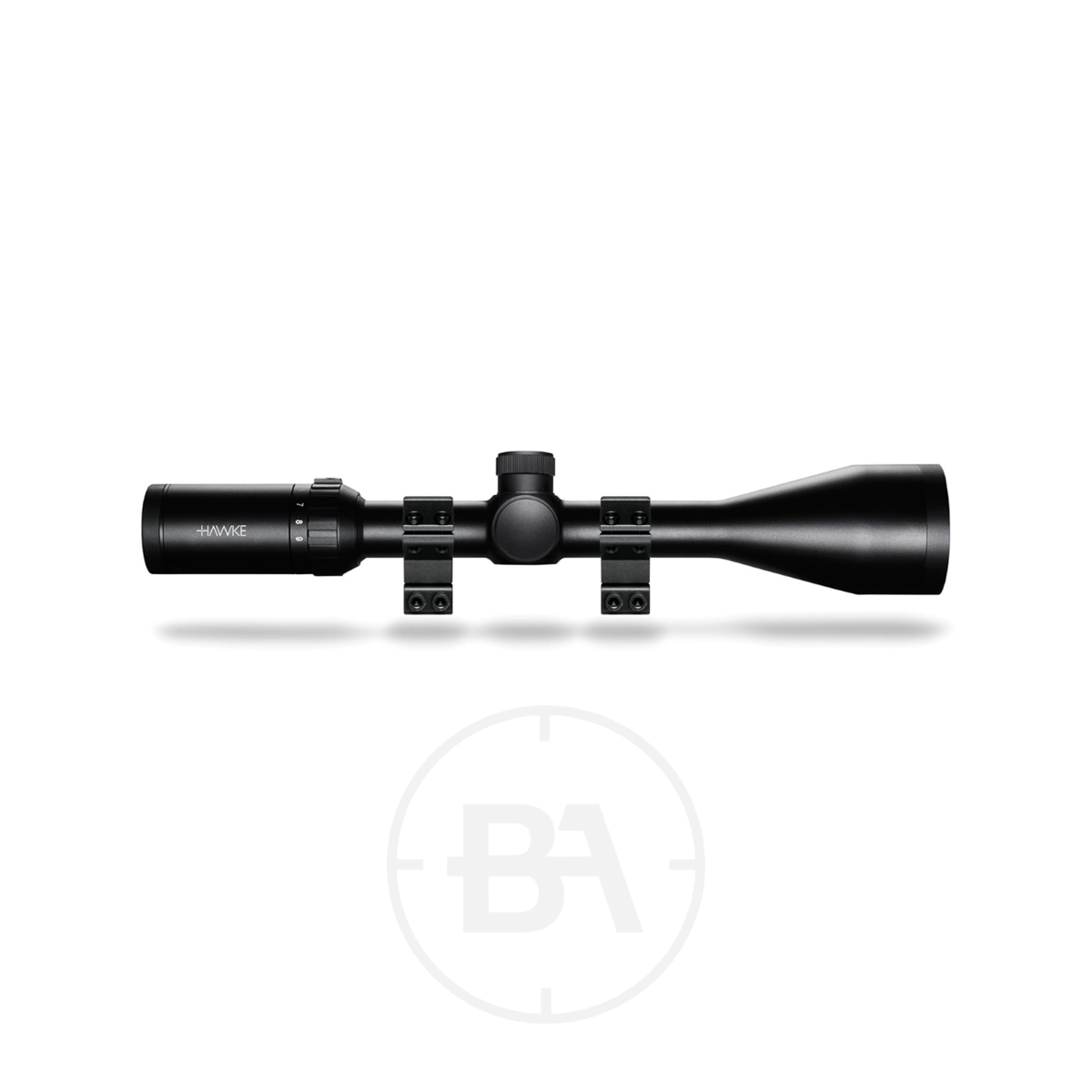 Hawke Fast Mount 3-9x50 Mil Dot With Mounts 1 Hawke Fast Mount 3-9x50 Mil Dot With Mounts rifle scope, featuring Mil Dot reticle, adjustment knobs, and mounting rings, shown horizontally on a white background.