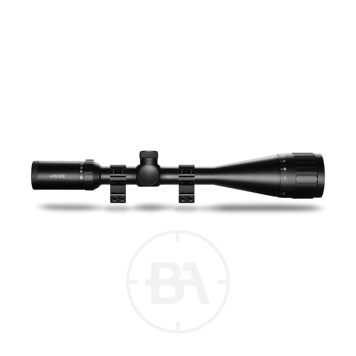 Hawke Fast Mount 6-24 x50 AO IR Mil Dot 1 Side view of the Hawke Fast Mount 6-24x50 AO IR Mil Dot With Free Mounts rifle scope, featuring adjustment knobs and mounting rings, set against a plain white background.