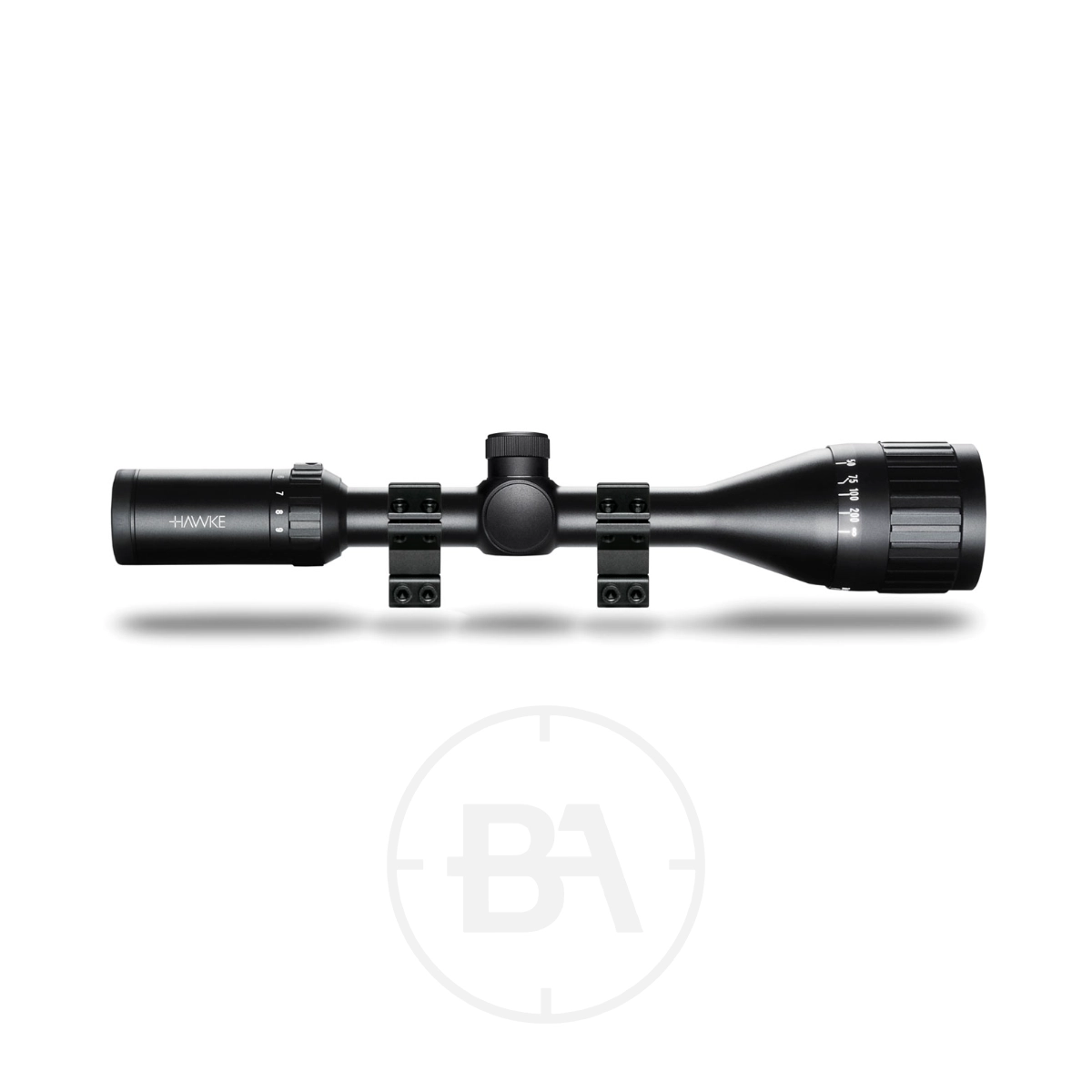 Hawke Fast Mount IR 3-9 X50 AO Mil Dot With Mounts 1 The Fast Mount IR 3-9X50 AO Mil Dot With Mounts rifle scope in black is displayed in a side view against a white background.