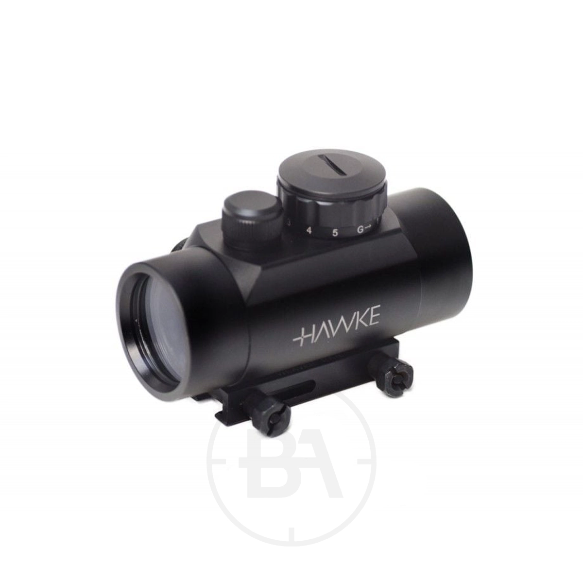 Hawke 3 MOA Red Dot 1x30 With Reversible Dovetail / Weaver Mount 1 The Hawke Red/Green Dot Sight 3 MOA in black, featuring adjustment knobs and mounting hardware, is displayed against a plain white background.