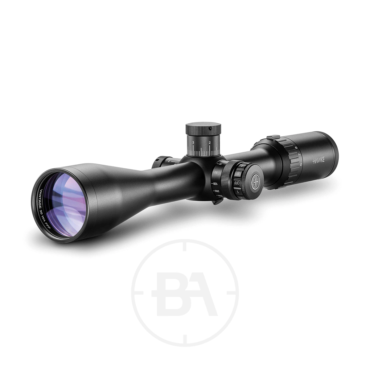 Hawke Vantage 30 WA 6-24x50 Half Mil Dot IR FFP Rifle Scope 1 A Hawke Vantage 30 WA 6-24x50 Half Mil Dot IR FFP Rifle Scope with adjustment turrets and a matte black finish faces left on a white background, featuring modest branding and a large objective lens.