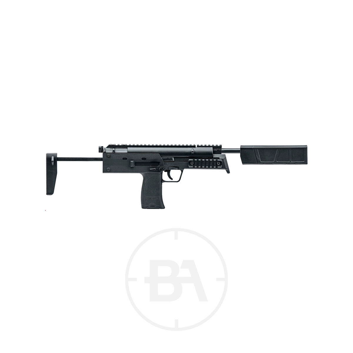Heckler & Koch MP7A1 SD Spring Air Rifle 1 A compact black Umarex Heckler & Koch MP7 Spring Air Rifle with an extended barrel and stock, shown from the side against a plain white background.