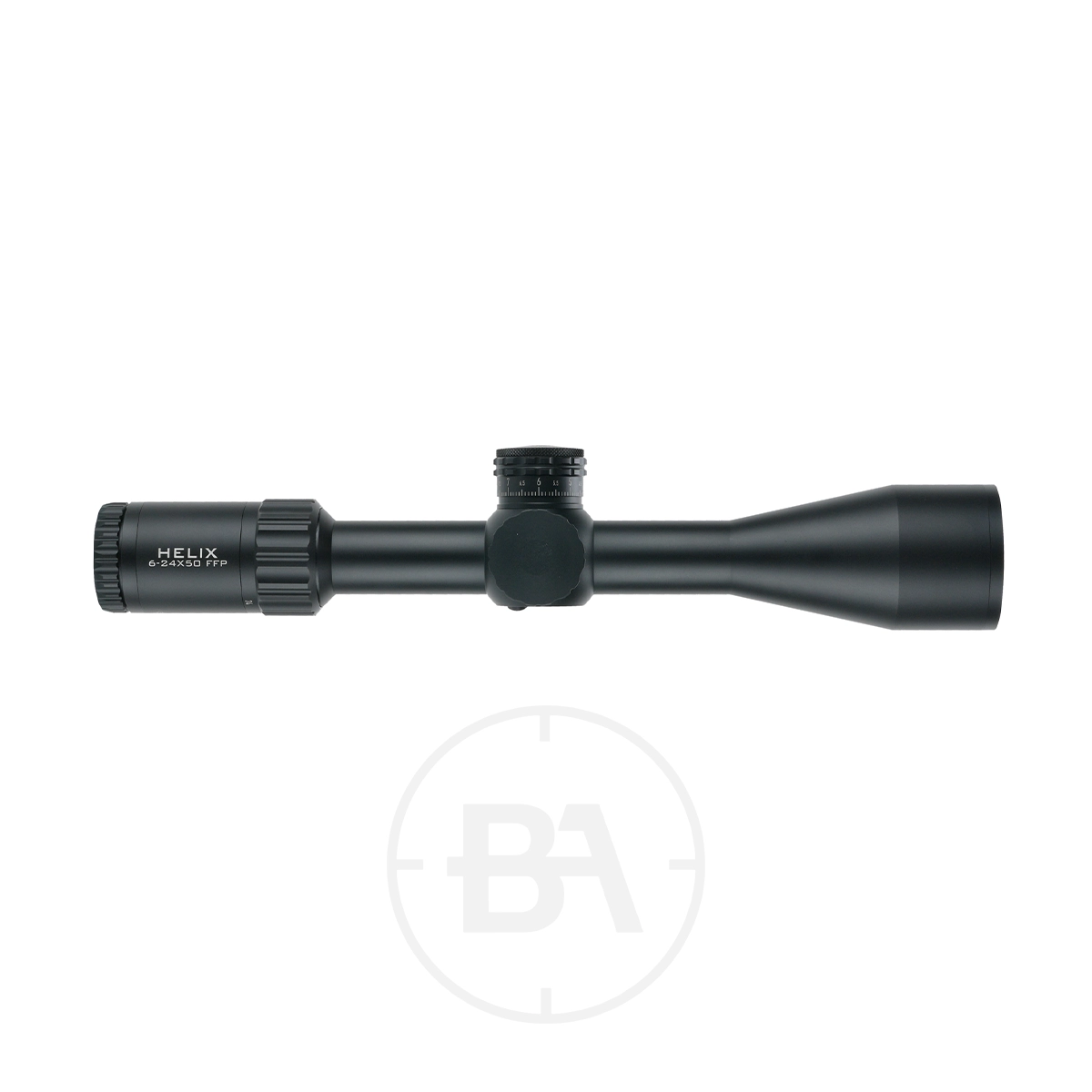 Element Optics Helix Gen 2 6-24x50 FFP 1 A black Element Optics Helix Gen 2 6-24x50 FFP With Mounts rifle scope, marked "HELIX" with adjustment knobs, is shown against a plain white background.