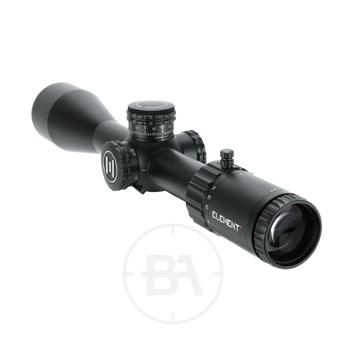 Element Optics Helix Gen 2 6-24x50 FFP 3 A black Element Optics Helix Gen 2 6-24x50 FFP With Mounts rifle scope, featuring adjustment dials and "Element" branding, shown angled against a white background.