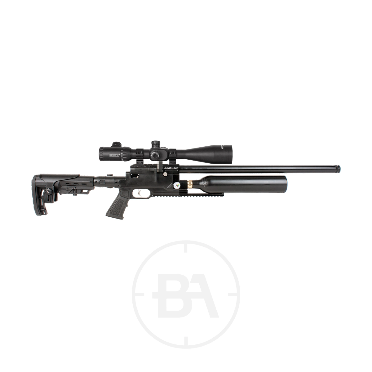 Kral Arms Jumbo Hi-Cap PCP Air Rifle With Hard Case 1 The Kral Arms Jumbo Hi-Cap PCP Air Rifle with adjustable stock, scope, large air cylinder, and hard case is shown in black in a side profile on a white background.