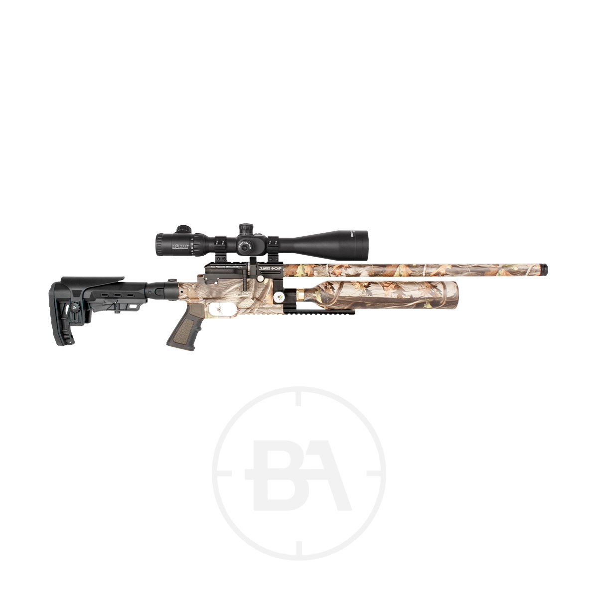 Kral Arms Jumbo Hi-Cap PCP Air Rifle With Hard Case 3 The Kral Arms Jumbo Hi-Cap PCP Air Rifle is shown with a mounted scope, adjustable stock, and long barrel on a white background—ideal for secure travel in its included hard case.