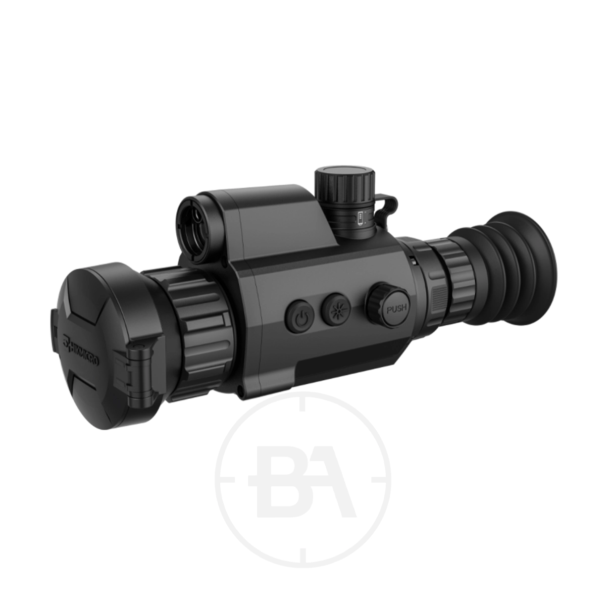 Hikmicro Panther 2.0 PQ50L Thermal Imaging LRF Rifle Scope 9 A black Hikmicro Panther 2.0 PQ50L Thermal Imaging LRF Rifle Scope, featuring control buttons, adjustment knobs, and a rubber eyepiece, is angled on a white background.