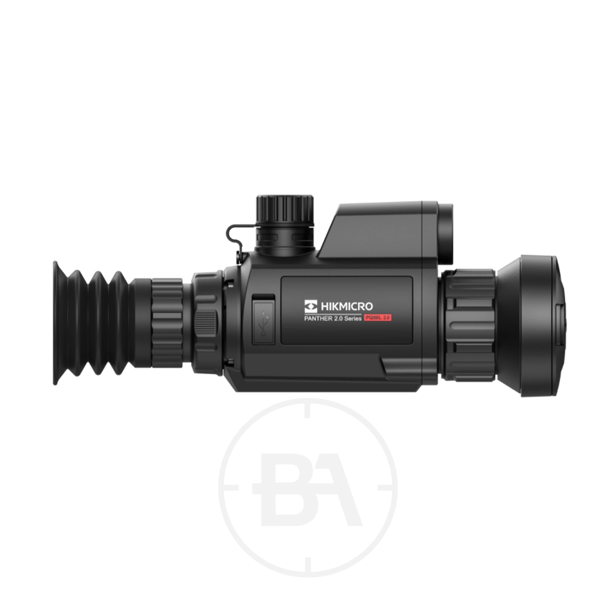 Hikmicro Panther 2.0 PQ50L Thermal Imaging LRF Rifle Scope 7 Side view of a Hikmicro Panther 2.0 PQ50L Thermal Imaging LRF Rifle Scope, featuring a black body, adjustment knobs, and visible branded labeling on the device.