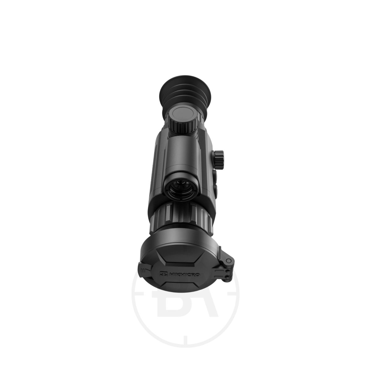 Hikmicro Panther 2.0 PQ50L Thermal Imaging LRF Rifle Scope 5 A front view of the Hikmicro Panther 2.0 PQ50L Thermal Imaging LRF Rifle Scope in black shows its lens cover, adjustment knobs, and eyepiece against a white background.