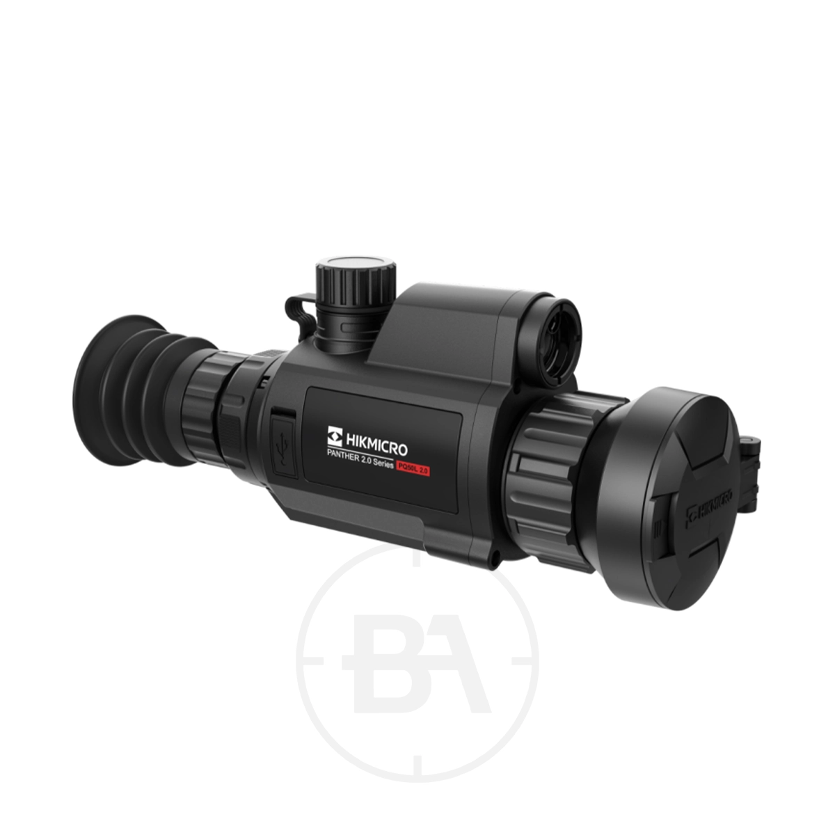 Hikmicro Panther 2.0 PQ50L Thermal Imaging LRF Rifle Scope 1 A black Hikmicro Panther 2.0 PQ50L Thermal Imaging LRF Rifle Scope with lens cover, control buttons, and eyepiece is shown against a white background.