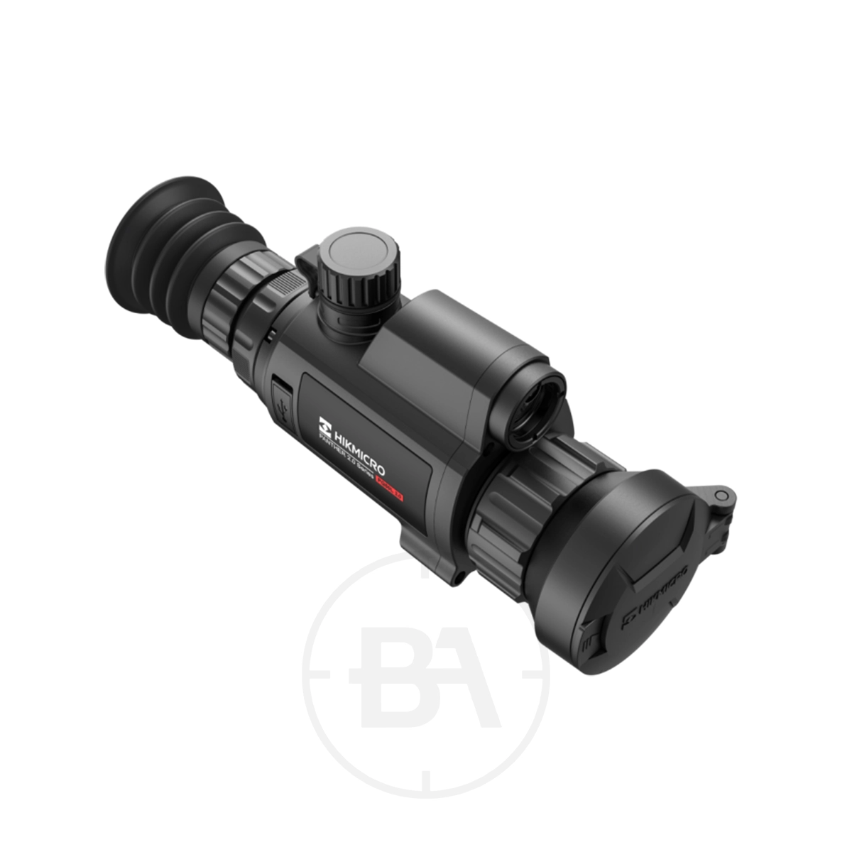 Hikmicro Panther 2.0 PQ50L Thermal Imaging LRF Rifle Scope 3 A black Hikmicro Panther 2.0 PQ50L Thermal Imaging LRF Rifle Scope with an eyepiece, adjustment knobs, and a flip-up lens cover, shown angled on a white background.