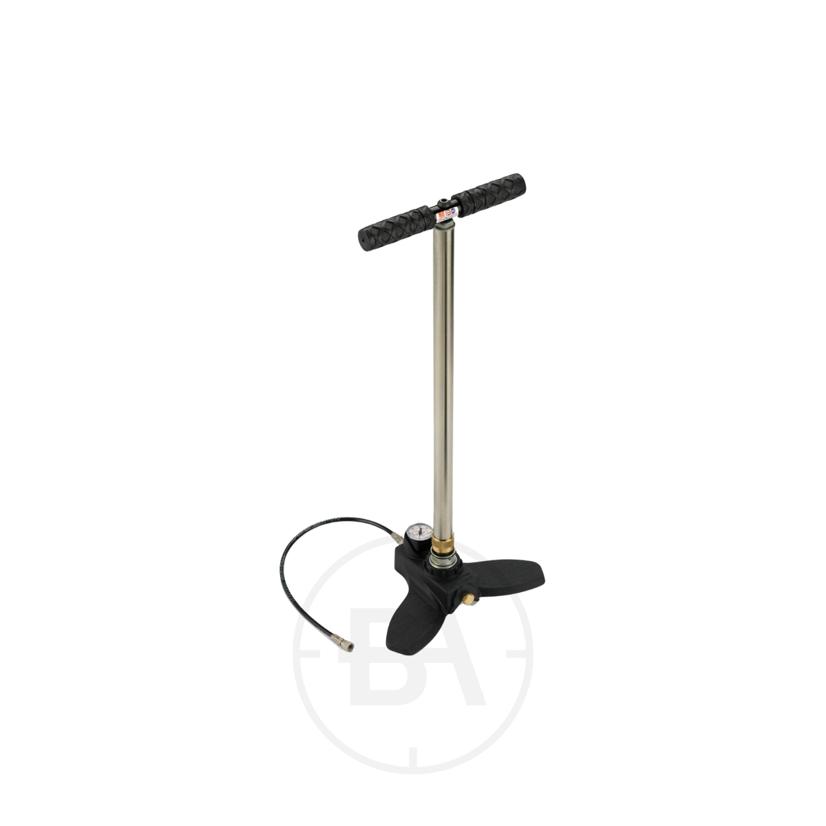 Hill MK5 Pro PCP Pump 1 A metal floor pump with a black handle, pressure gauge, footrests, and a flexible hose is shown against a white background.
