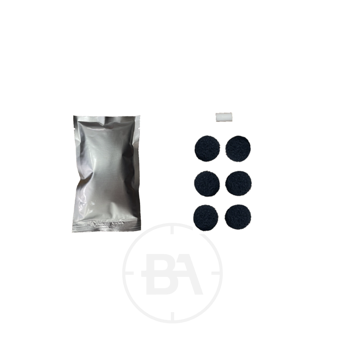 Hill Dry-Pac Pro Single Refill Pack Kit 1 A silver foil packet, a white rectangular piece, and five round black pads for the Hill EVO 310 Plus Upgrade Filter are displayed on a white background.