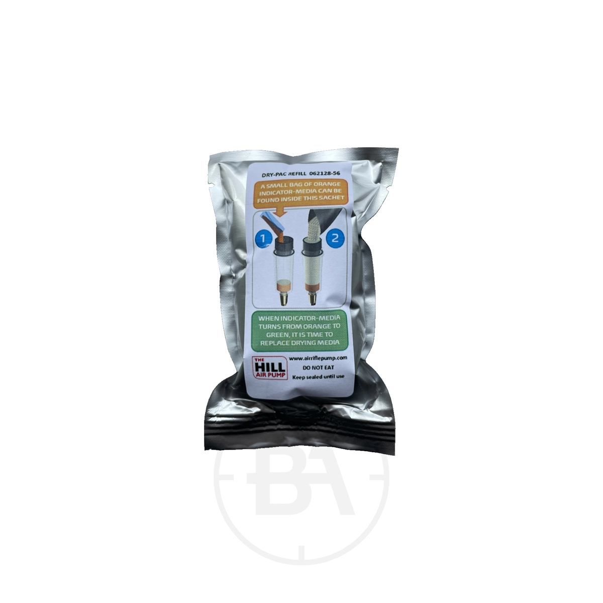 Hill Dry Pac Refill Pack 1 A sealed silver Hill Dry Pac Refill Pack contains a filter cartridge, with installation instructions and diagrams shown on the front label.