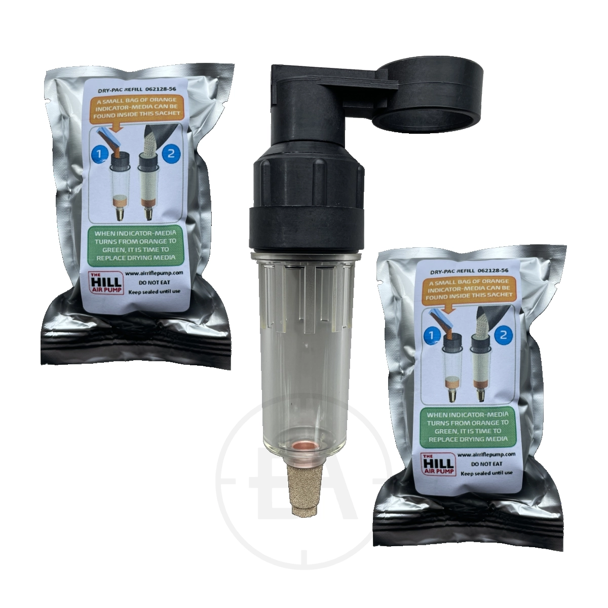 MK5 Hill Pump Dry Pac Kit 1 The MK5 Hill Pump Dry Pac Kit includes a plastic inline air filter with an installed desiccant cartridge, plus two silver-foil replacement desiccant packs.
