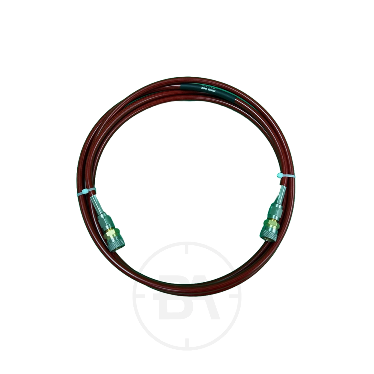 Best Fittings Ultima Fill Line Hose With Quick Coupler Sockets 2 The Best Fittings Ultima Fill Line Hose With Quick Coupler Sockets is a coiled red industrial hose with green threaded connectors and blue zip ties, shown on a white background.