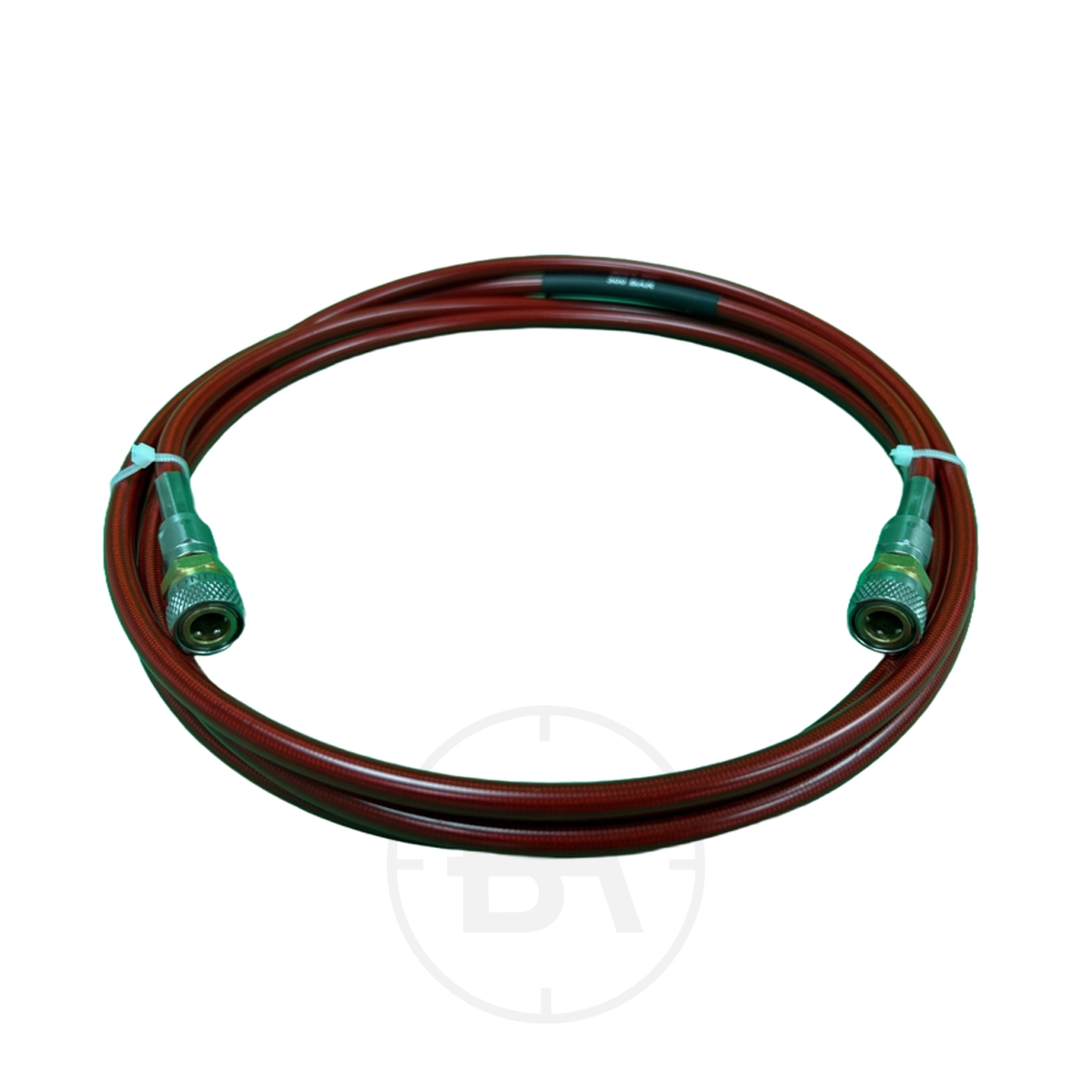 Best Fittings Ultima Fill Line Hose With Quick Coupler Sockets 3 A red Best Fittings Ultima Fill Line Hose is coiled in a circle, featuring green metal connectors and quick coupler sockets on both ends.