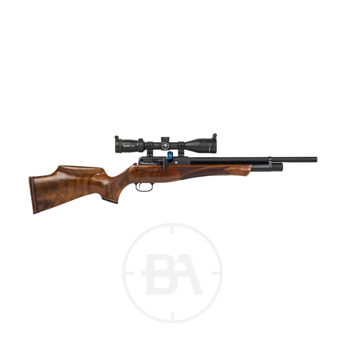 Daystate Huntsman Revere PCP Air Rifle 1 A Daystate Huntsman Revere PCP Air Rifle with a wooden stock, scope, and long barrel is shown against a plain white background.