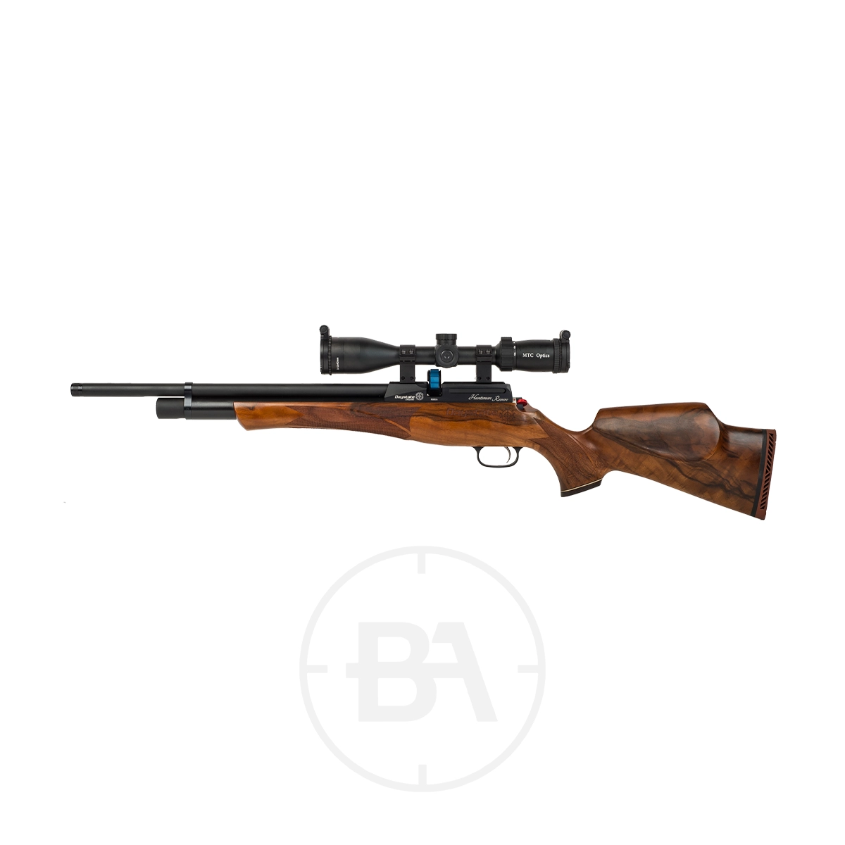 Daystate Huntsman Revere PCP Air Rifle 3 The Daystate Huntsman Revere PCP Air Rifle is shown on a white background, featuring a sleek wooden stock and a mounted scope.