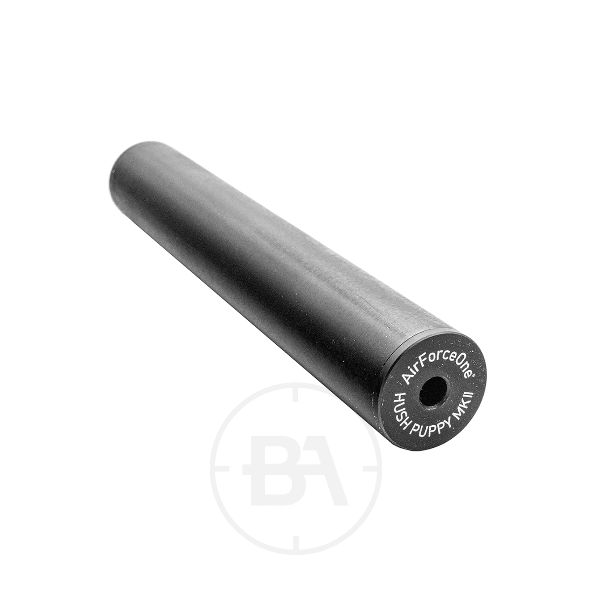 Hush Puppy MK2 - 1/2" UNF Airgun Silencer 1 The Hush Puppy MK2 - 1/2" UNF Airgun Silencer is a black cylindrical suppressor, shown angled on a white background.