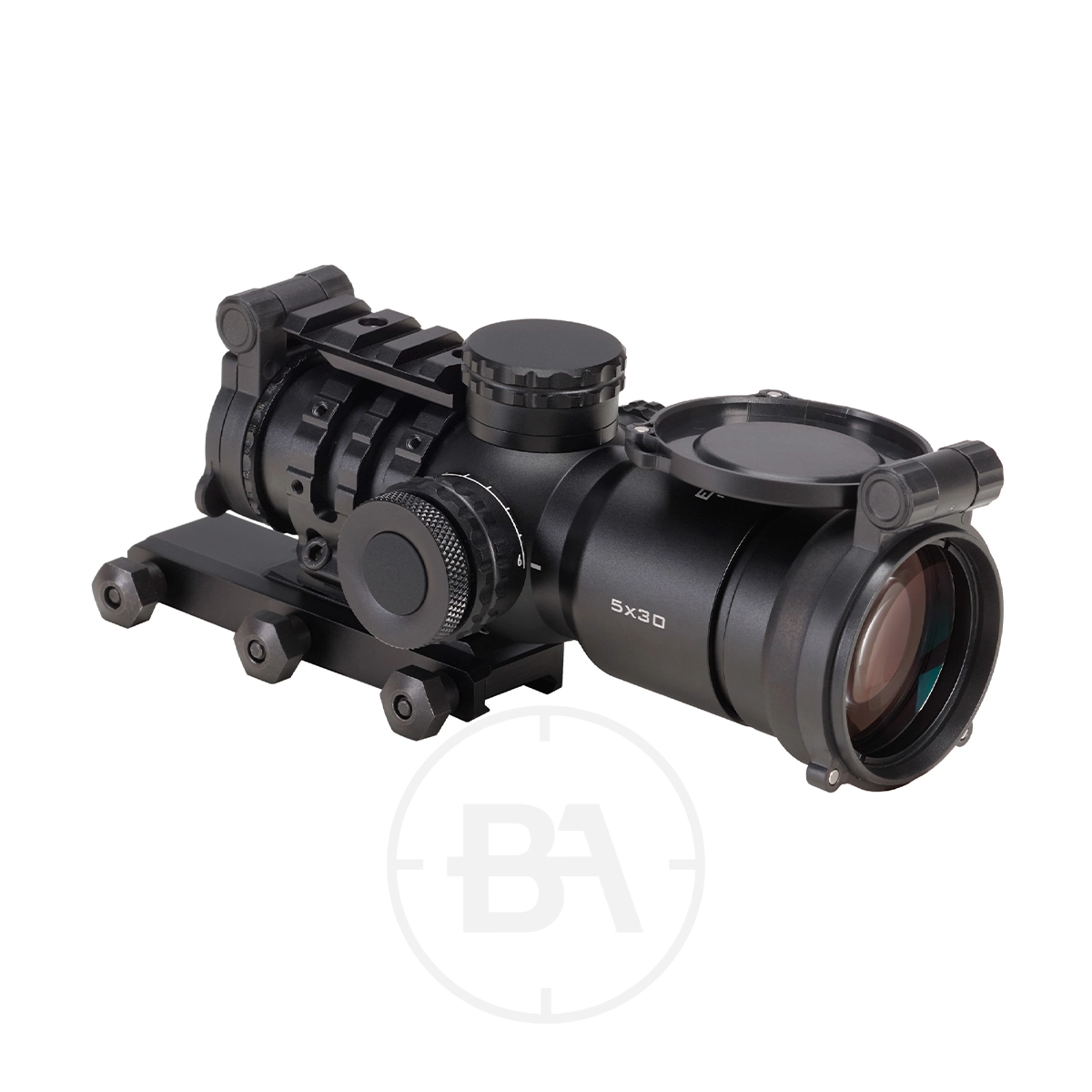 Element Optics Immersive Series 5x30 Rifle Scope 7 The Element Optics Immersive Series 5x30 Rifle Scope With Mounts is shown on a white background, featuring adjustment knobs, lens covers, and a rail mount.