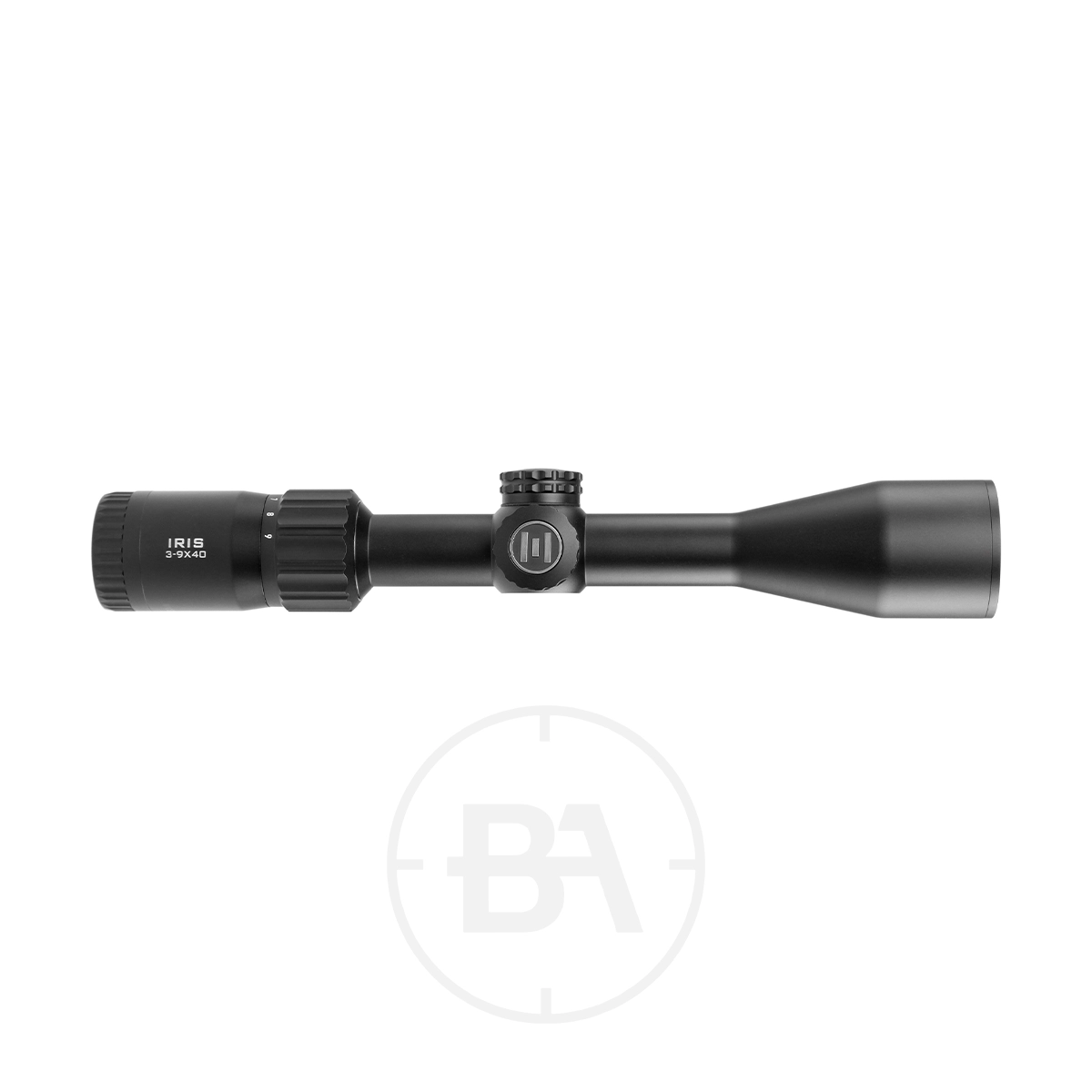 Element Optics Iris 3-9x40 SFP Rifle Scope 1 The Element Optics Iris 3-9x40 SFP Rifle Scope With Mounts is displayed from the side against a white background, showing its adjustment knobs.
