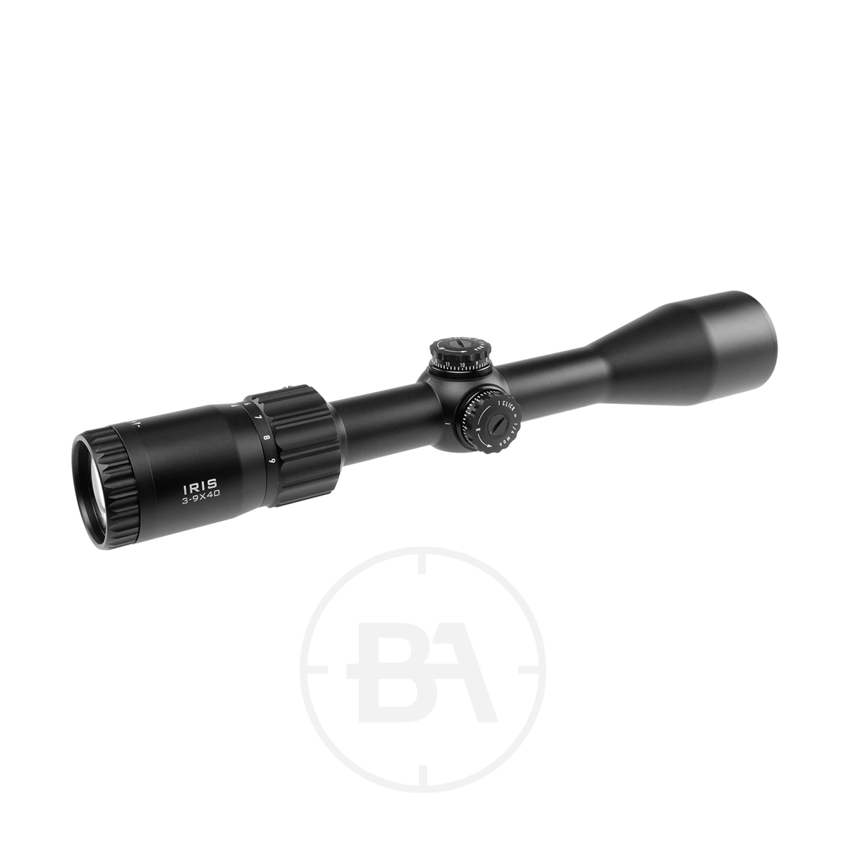 Element Optics Iris 3-9x40 SFP Rifle Scope 7 Element Optics Iris 3-9x40 SFP Rifle Scope with mounts, featuring adjustment dials and similar dimensions to a standard 3-9x40 scope, shown isolated on a white background.