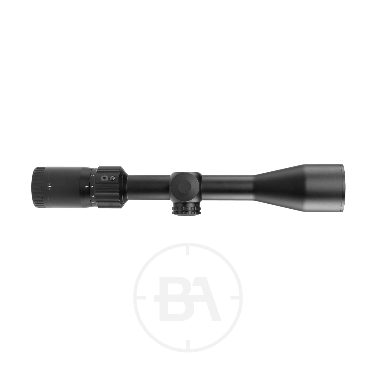 Element Optics Iris 3-9x40 SFP Rifle Scope 9 The Element Optics Iris 3-9x40 SFP Rifle Scope With Mounts is shown on a white background from the side, highlighting its adjustment knobs and textured ring near the eyepiece.