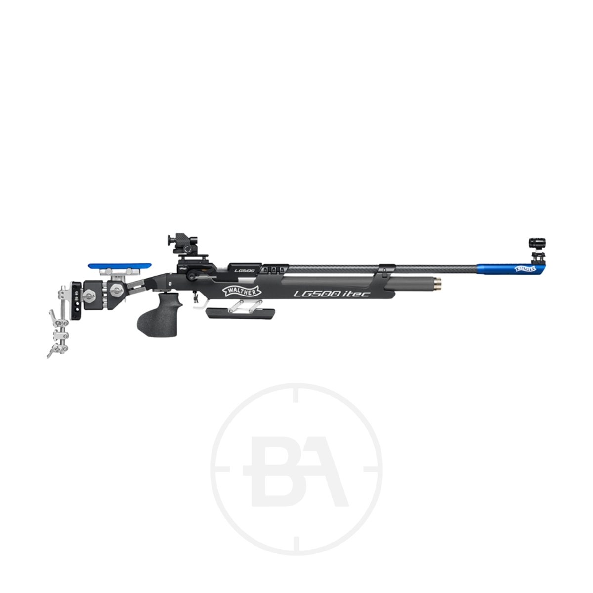 Walther LG500 ITEC M Match Target Rifle 1 Side view of a Walther LG500 ITEC M Match Target Rifle featuring black and blue components, adjustable stock, and precision sights, shown on a white background.