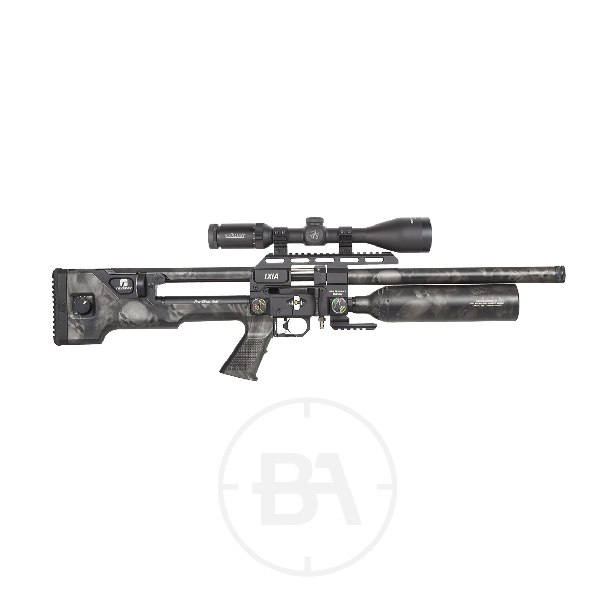 Reximex Ixia Regulated PCP Air Rifle With Hard Case 5 Side view of a black and gray patterned Reximex Ixia PCP Air Rifle in .177 caliber with a mounted scope, displayed on a white background.