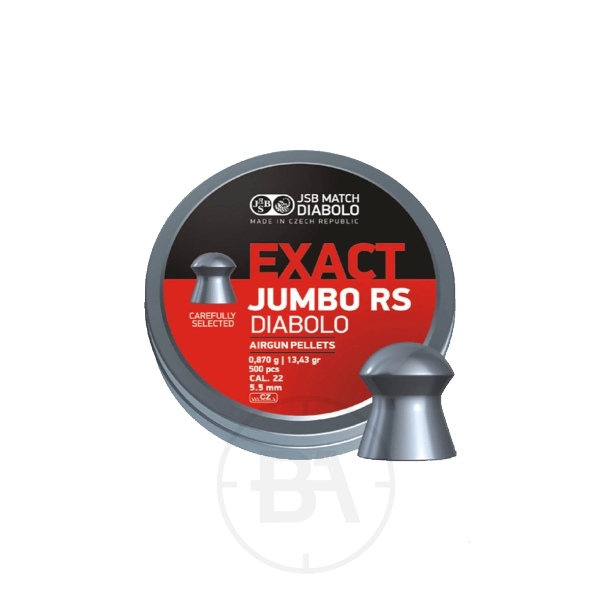 JSB Exact Jumbo RS .22 Pellet 13.4gr 5.52mm (x500) 1 A tin of JSB Exact Jumbo RS Pellet .22 13.43 gr (500) with one pellet shown outside the container.