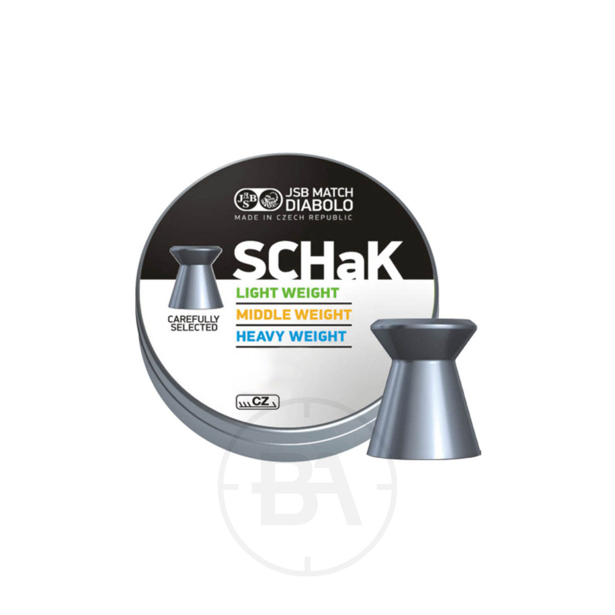 JSB Diabolo Schak Light Weight .177 Pellets 7.3gr 4.50mm (x500) 1 A round tin labelled "JSB Diabolo SCHak Light Weight .177 Pellets 7.3gr 4.49mm (x500)" sits next to a single silver pellet, highlighting premium pellets ideal for airgun enthusiasts.