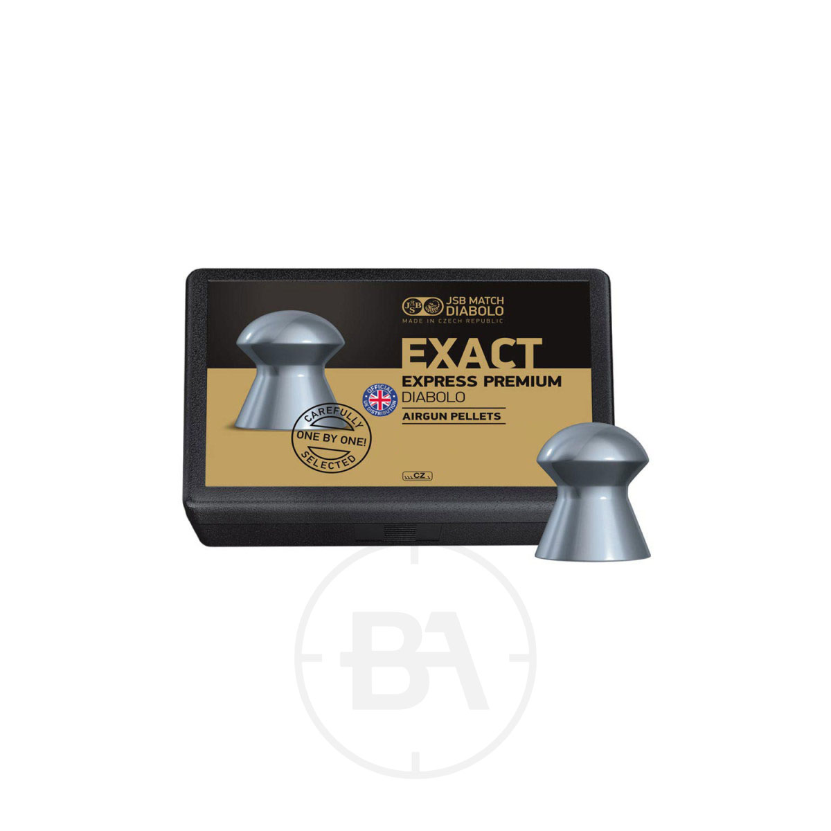 JSB Exact Express Premium .177 Pellets 7.8gr 4.52mm (x200) 1 A box labelled "JSB Exact Express Premium .177 Pellets 7.8gr 4.52mm (x200)" in gold and black, with English text and a round logo, is shown with two silver pellets displayed in front.