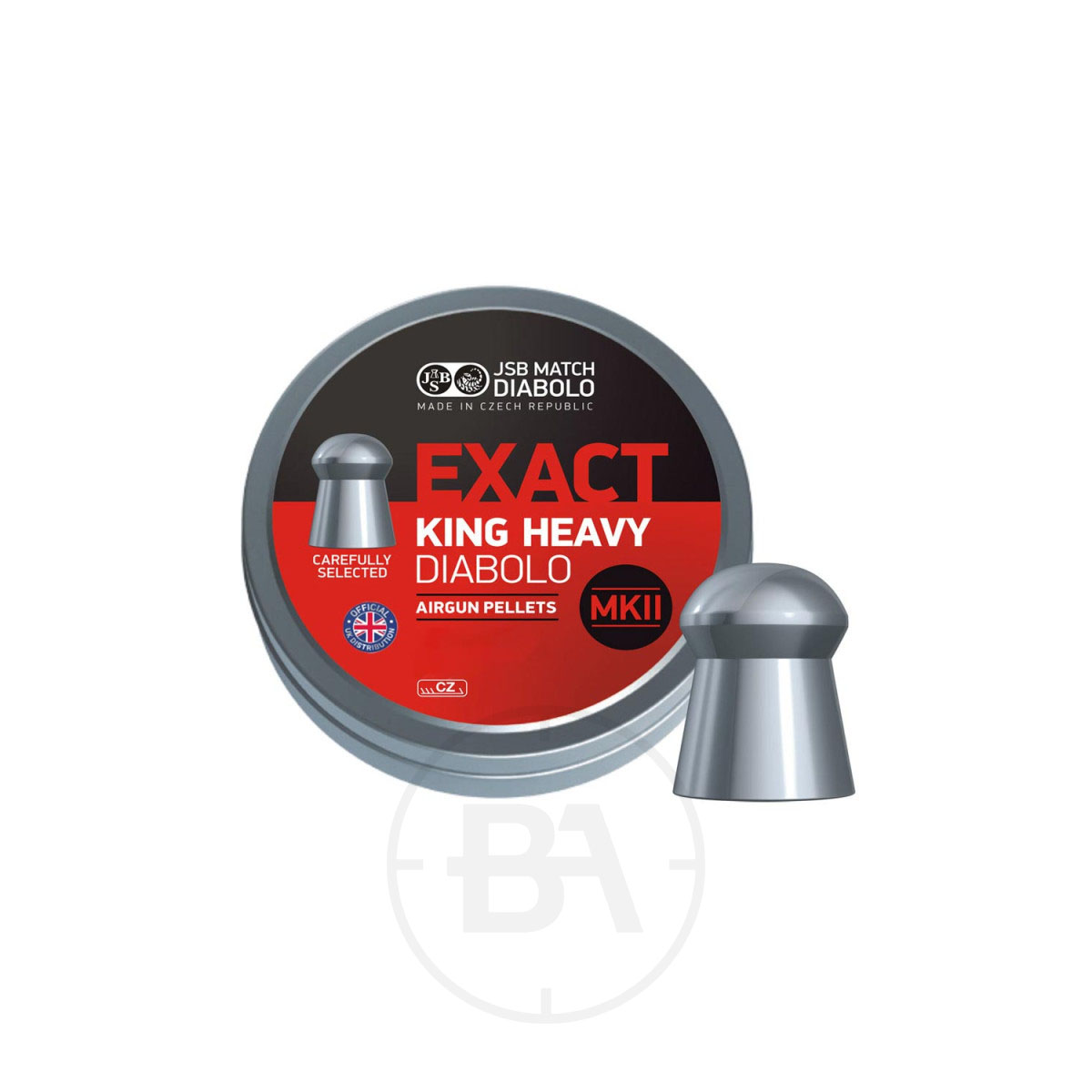 JSB Diabolo Exact King Heavy MKII .25 Pellets 33.9gr 6.35mm (x150) 1 A tin labelled "JSB Diabolo Exact King Heavy MKII .25 Pellets 33.9gr 6.35mm (x150)" with a red and black design, features a silver pellet image, a “Carefully Selected” badge, and shows one 6.35mm silver pellet beside the tin.