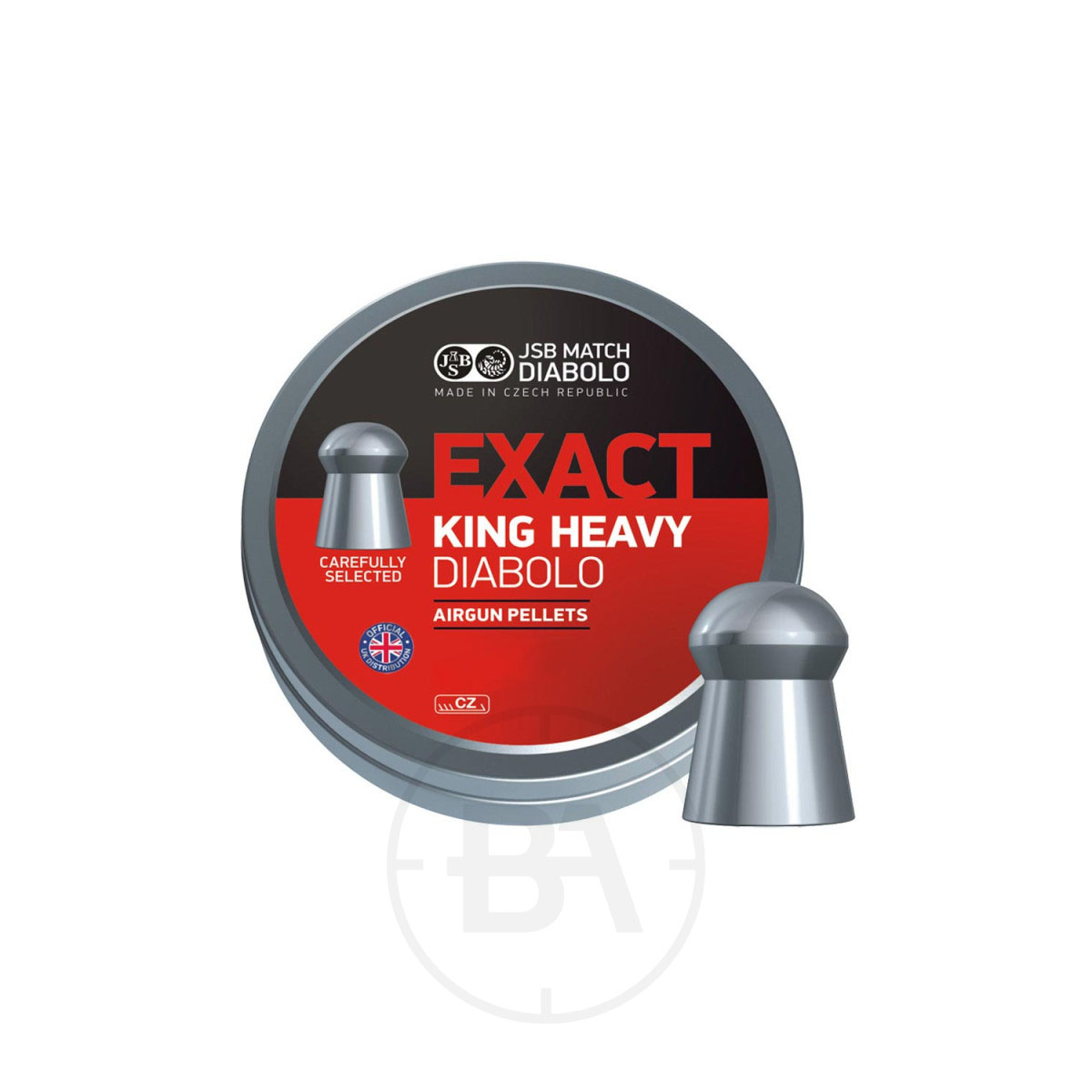 JSB Diabolo Exact King Heavy .25 Pellets 33.9gr 6.35mm (x150) 1 A round tin labelled "JSB Diabolo Exact King Heavy .25 Pellets 33.9gr 6.35mm (x150)" features a pointed pellet image, black, red, and silver colours, and a British flag symbol on the front.