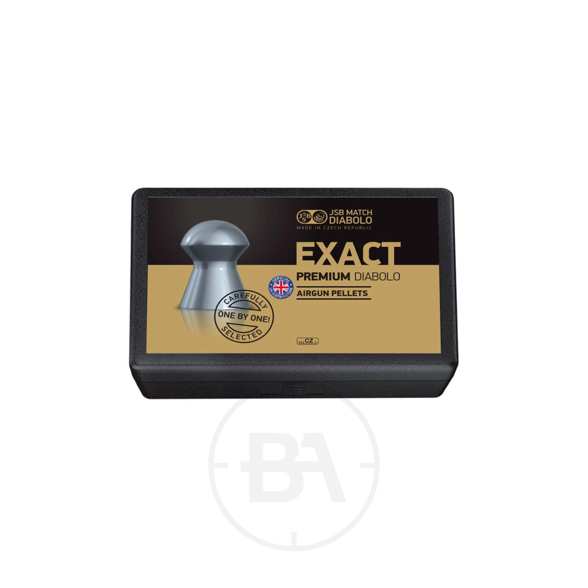 JSB Exact Premium .177 Pellets 8.44gr 4.52mm (x200) 1 A black and gold box labelled "JSB Exact Premium .177 Pellets 8.44gr 4.52mm (x200)" features a silver pellet image and British flag icon on the front, shown against a white background.