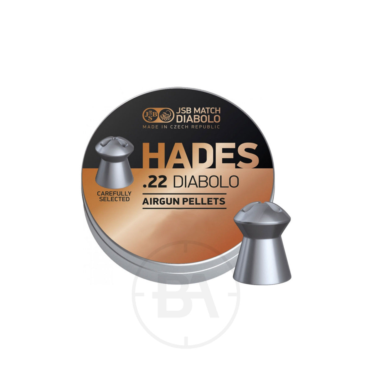 JSB Hades .22 Pellets 15.89gr 5.5mm (x250) 1 A round tin labelled "JSB Hades .22 Pellets 15.89gr 5.5mm (x250)" is shown with two silver pellets—one upright and one lying down—against a white background.