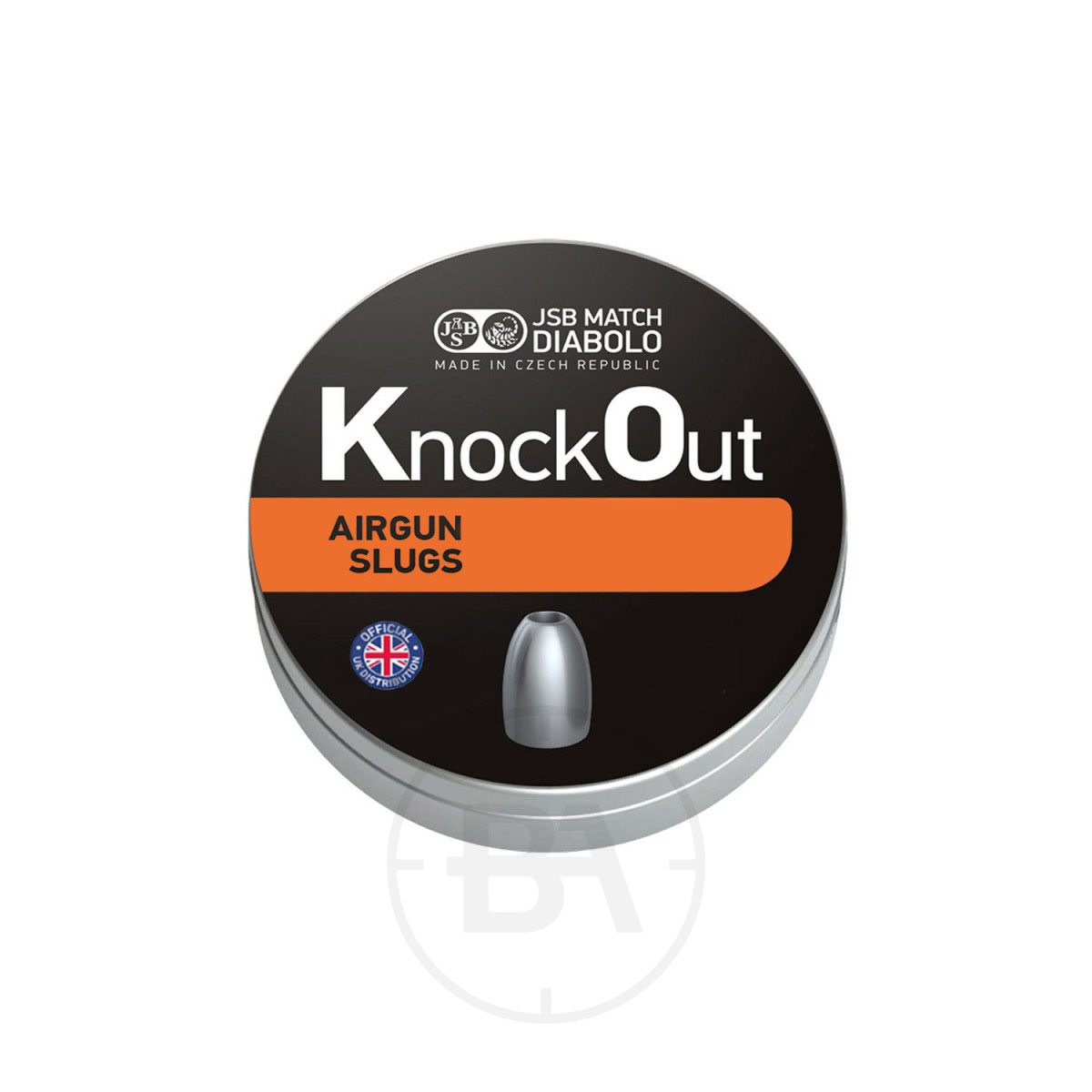 JSB Knockout .217 Pellets 25.3gr 5.5mm (x200) 1 A round tin of JSB Knockout .217 Pellets 25.3gr 5.5mm (x200) features a black and orange label with "AIRGUN SLUGS" and a small image of a 5.5mm pellet on the front.