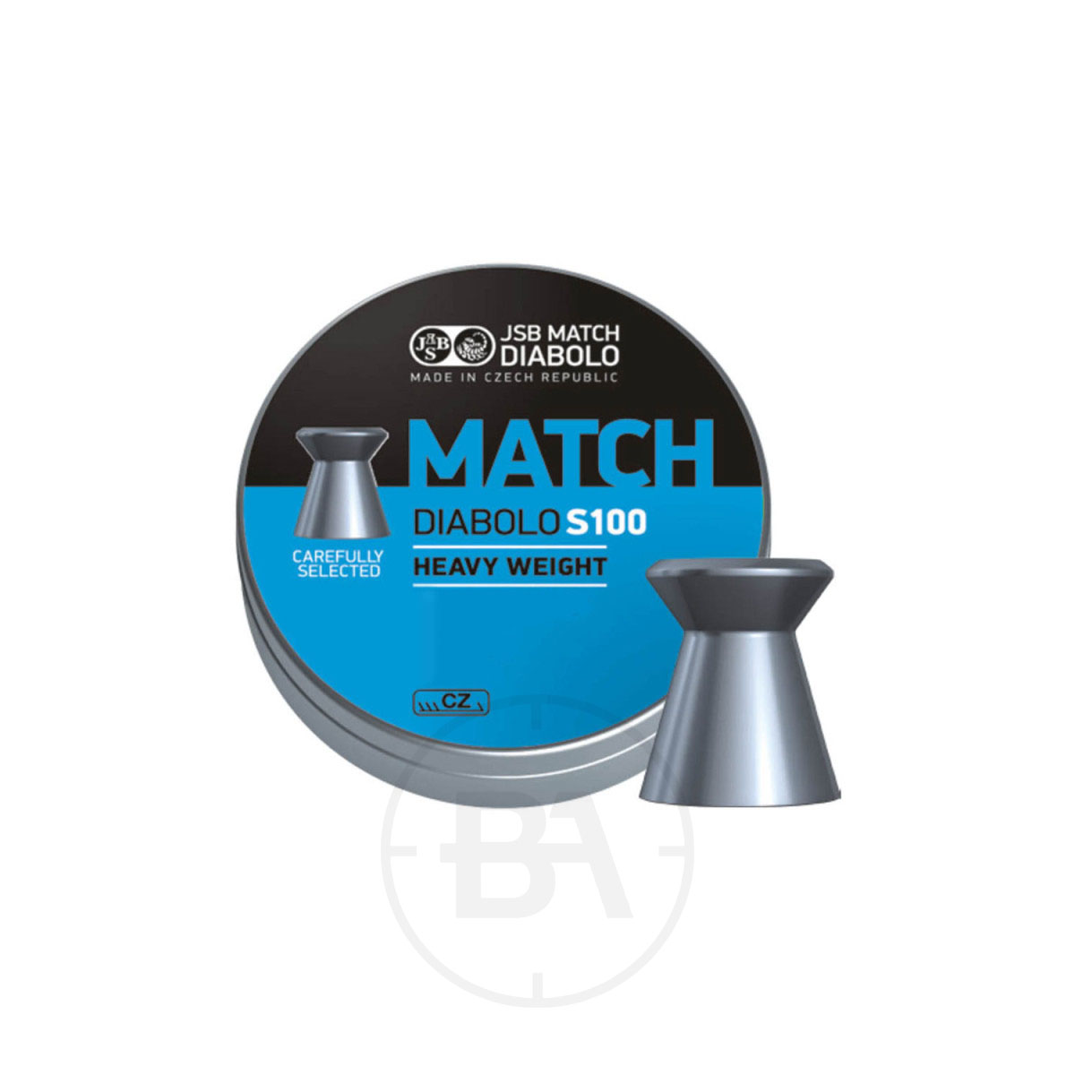 JSB Match Diabolo Heavy Weight .177 Pellets 8.2gr 4.49mm (x500) 1 A round tin labelled "JSB Match Diabolo Heavy Weight .177 Pellets 8.2gr 4.49mm (x500)" in silver and blue, shows an image of a pellet beside it and the text "Carefully Selected.