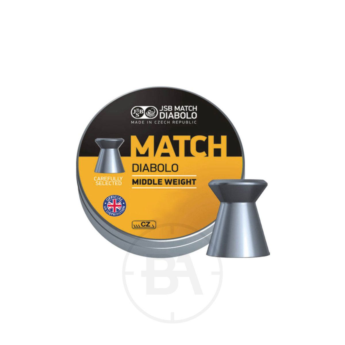 JSB Match Diabolo Middle Weight .177 Pellets 8.0gr 4.49mm (x500) 1 A tin of JSB Match Diabolo Middle Weight .177 Pellets 8.0gr 4.49mm (x500) with a yellow and black label is shown, along with one pellet standing upright in front of the tin, which displays several quality assurance markings.