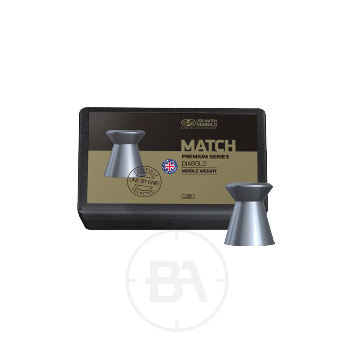 JSB Match Premium Middle .177 Pellets 8.0gr 4.51mm (x200) 1 A box labelled "JSB Match Premium Middle .177 Pellets 8.0gr 4.49mm (x200)" displays a metallic airgun pellet on and in front, with gold and black accents plus a British flag icon as part of the design.