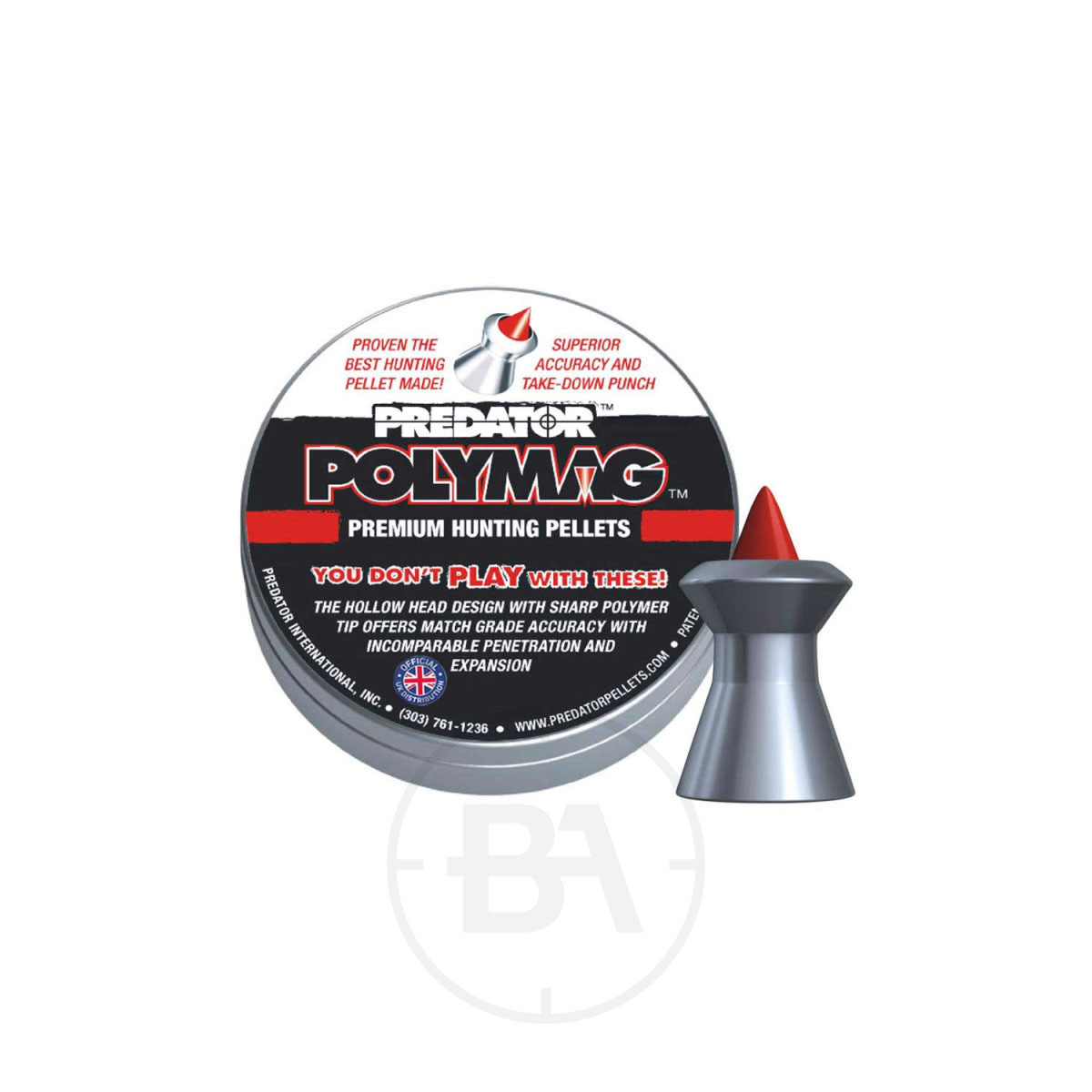 JSB Predator PolyMag .25 Pellets 25.3gr 6.35mm (x150) 1 A tin of JSB Predator PolyMag .177 Pellets 8.0gr 4.5mm (x200) with a single pellet beside it. The label highlights accuracy, penetration, and expansion, and the hunting pellet features a distinctive red polymer tip.